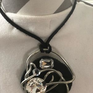 Brown leather/silver necklace Swarovski crystals